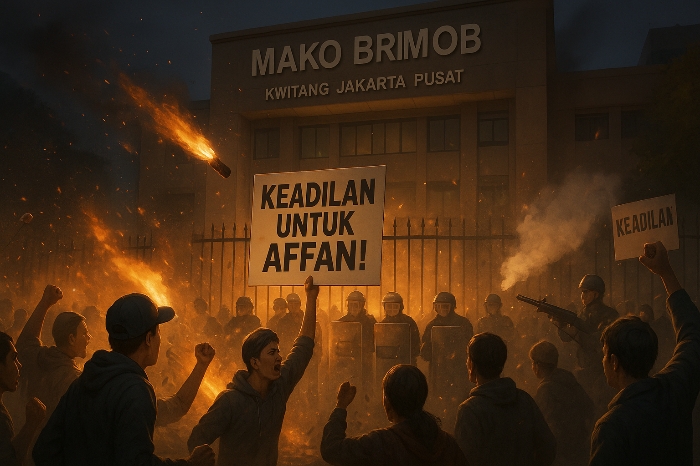 Aksi Unjuk Rasa di Kwitang: Massa Tagih Keadilan untuk Affan Kurniawan.(Gambar Ilustrasi AI/akarkata)