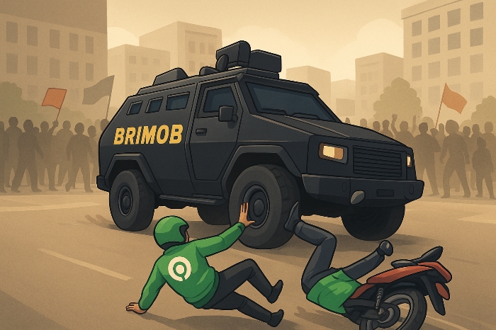 Kisah Tragis Affan Kurniawan di Pejompongan: Driver Ojol Sang Pejuang Jalanan.(Gambar Ilustrasi AI/akarkata)