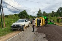 Truk Pengangkut Kernel Sawit Terguling di Melawi, Polisi Bersihkan Jalan Hingga Malam